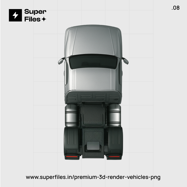 3D render of heavy weight truck top view in silver and black PNG 3000x3000