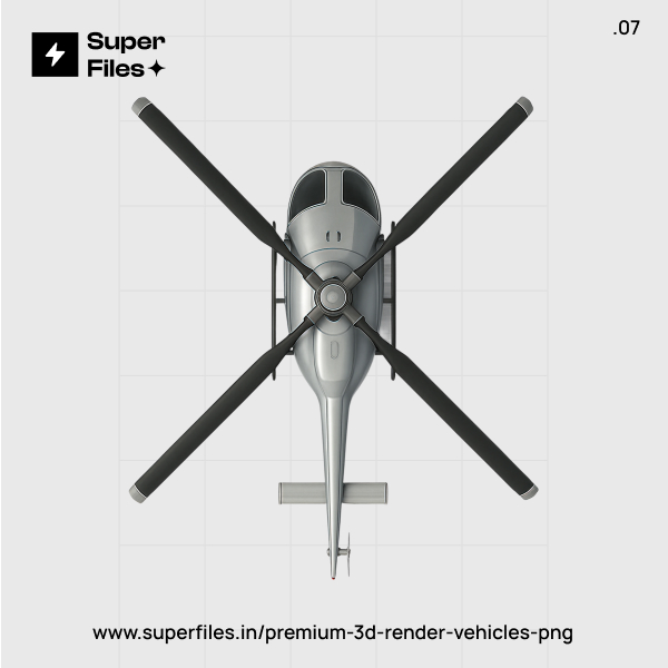 Top roof view 3D helicopter render in silver and black 3000x3000 PNG