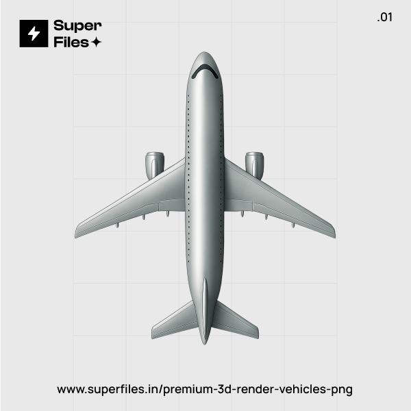 Top roof 3D airplane render in silver and black PNG 3000x3000 resolution