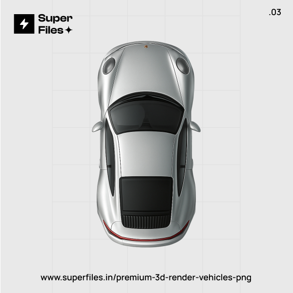 3D top view of sports car render in silver and black PNG 3000x3000