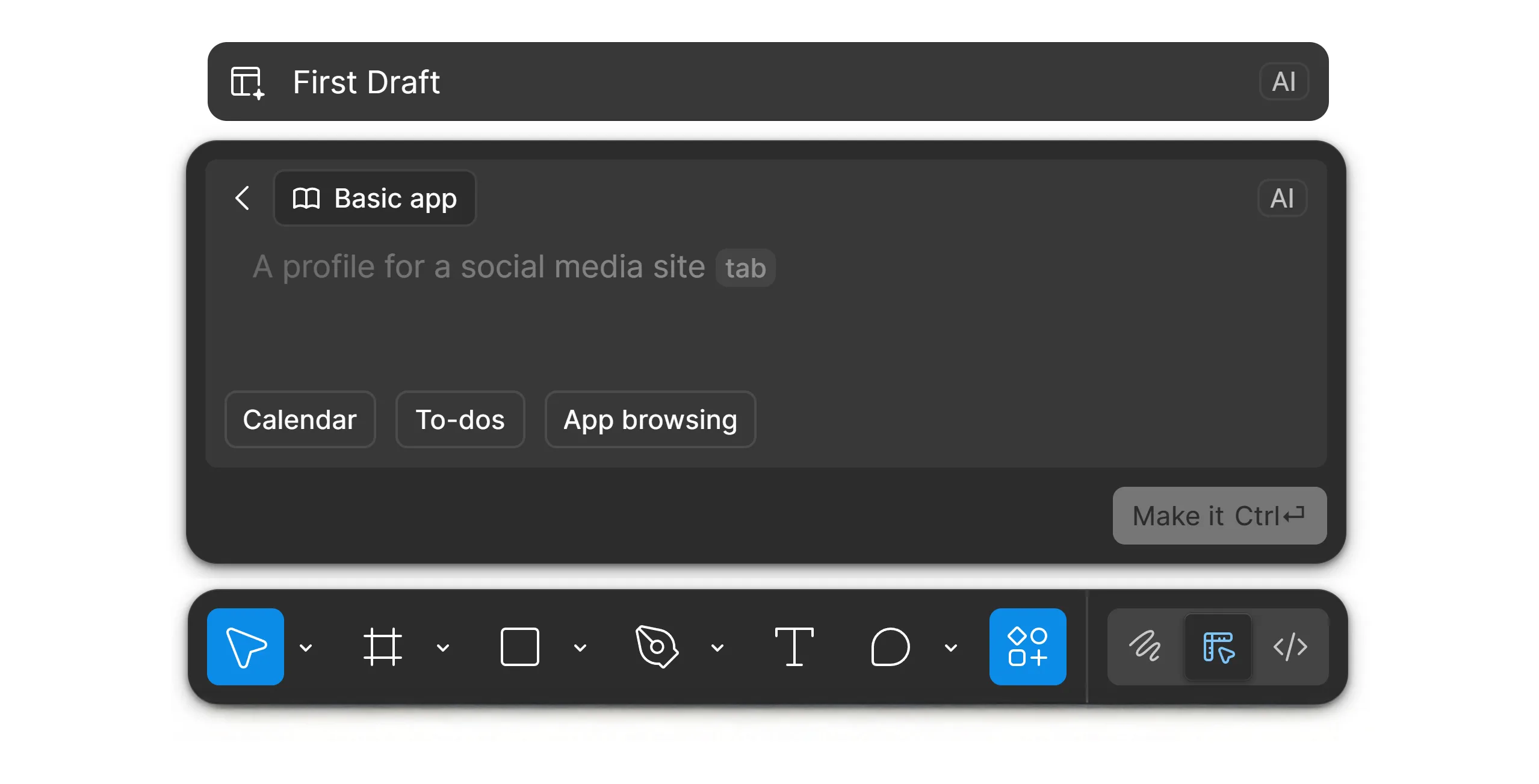 Figma First Draft AI tool interface - Generate complete UI layouts from text prompts