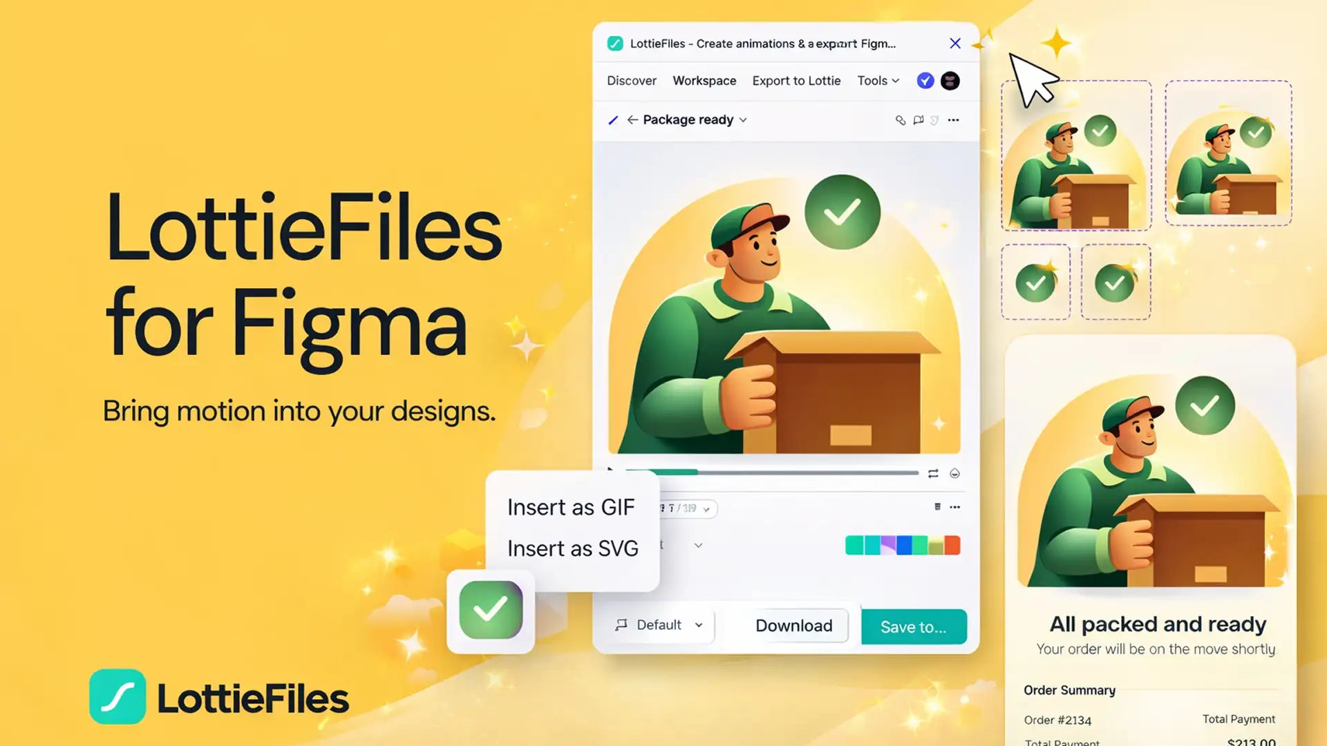 LottieFiles for Figma plugin interface showing animation export and Lottie library