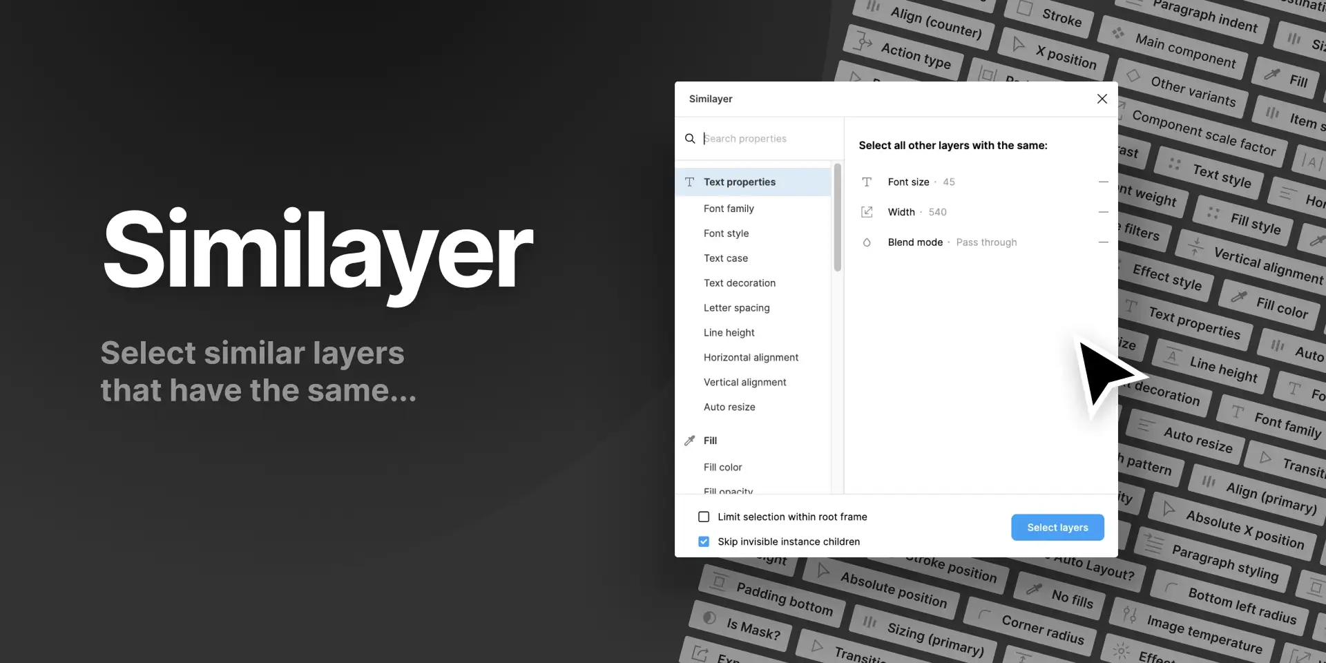 Similayer plugin interface showing bulk layer selection and editing tools