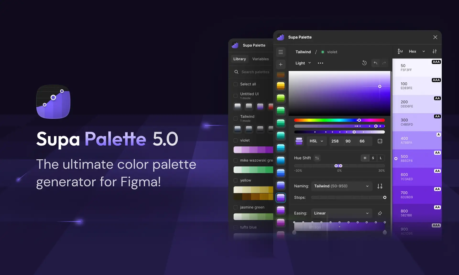 Supa Palette plugin showing automated color scale generation and design system