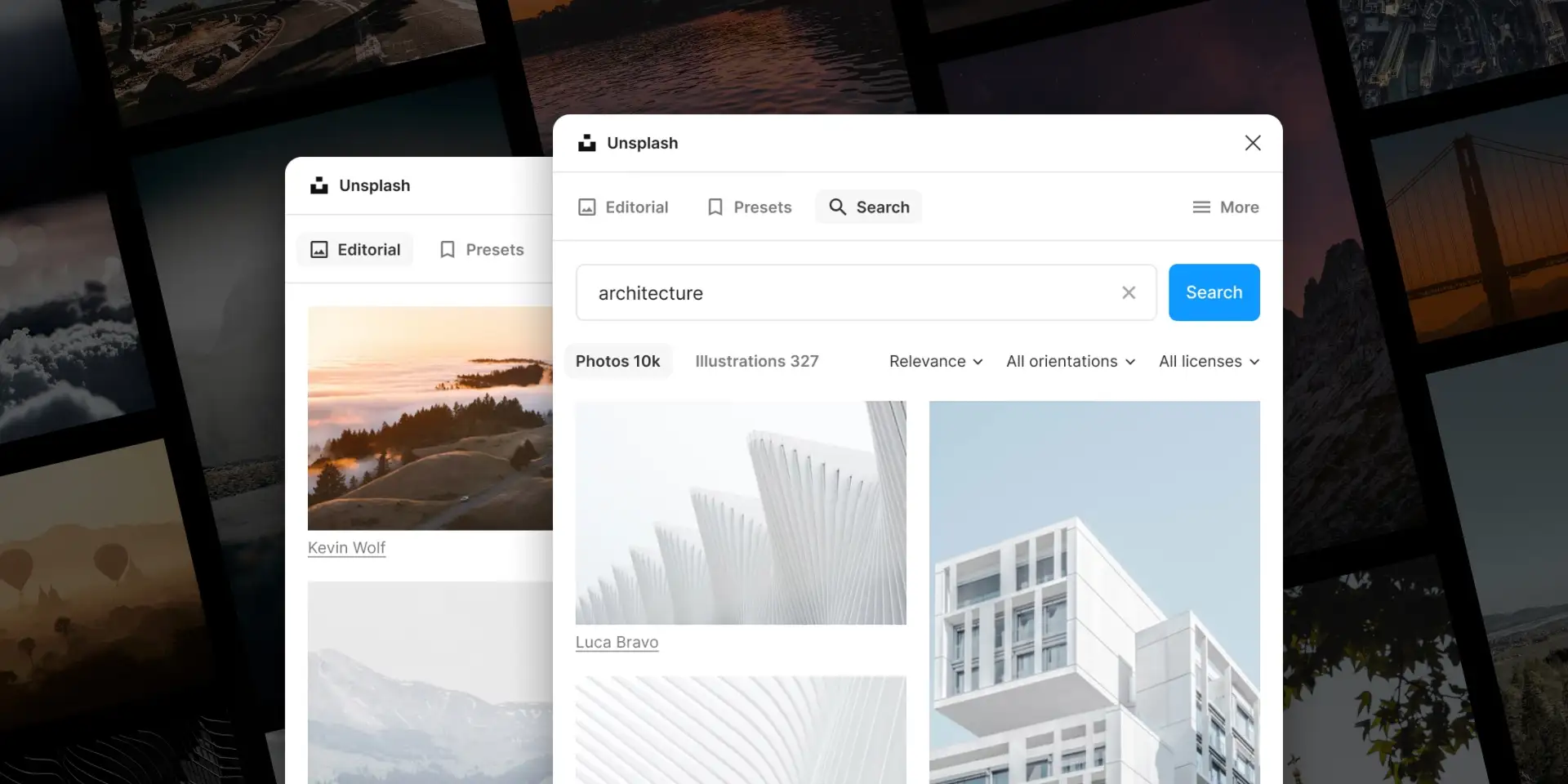 Unsplash plugin interface showing high-quality stock photo library