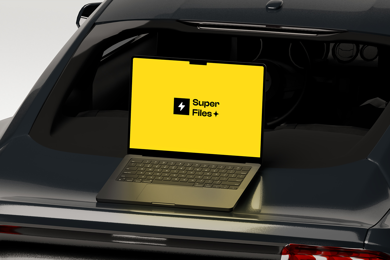 Download free high-quality MacBook Pro Laptop on Car PSD File Mockup from Superfiles.in