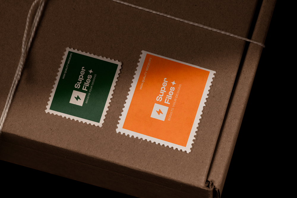 Postage Stamp on Cardboard Box PSD Free Mockup - Download at Superfiles.in